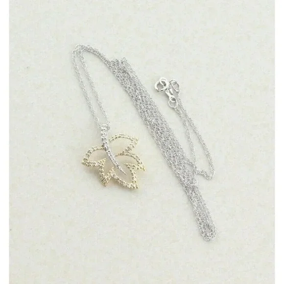 14k White Gold and Yellow Gold Diamond Necklace Leaf Necklace 18 inch chain